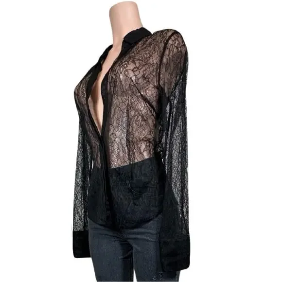 LAQUAN SMITH Lace Button Down Shirt SZ L $495 - Picture 6 of 16